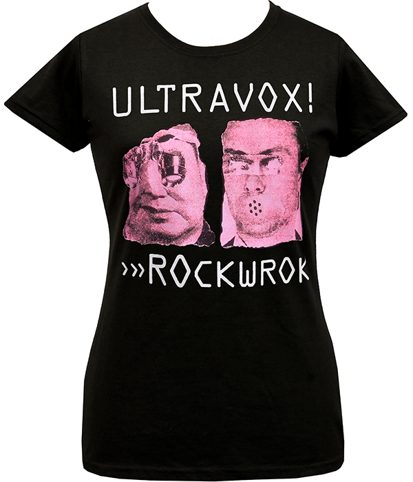 Black women’s Ultravox Rockwrok T-shirt featuring bold pink distorted portrait artwork with white Ultravox and Rockwrok lettering.