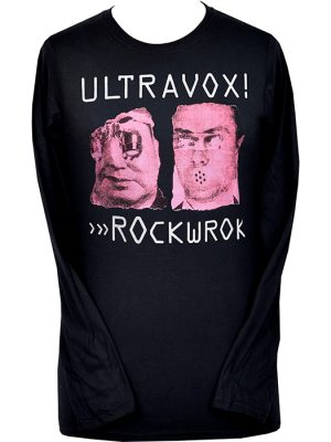 Black women’s Ultravox Rockwrok long sleeve T-shirt featuring bold pink distorted portrait artwork with white Ultravox and Rockwrok lettering.