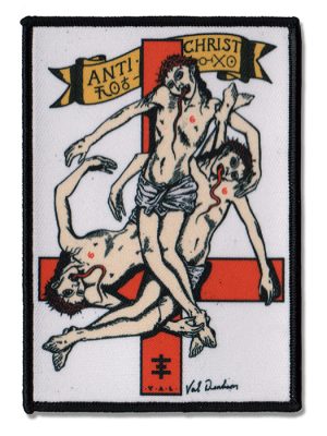 Psychic TV Anti-Christ printed sew-on patch featuring Val Denham artwork with three figures around a red cross and Anti-Christ banner.