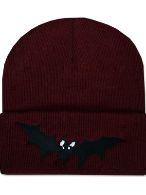 Deep burgundy knitted beanie hat with wide folded cuff featuring a black embroidered vampire bat with outstretched pointed wings and small white eyes.