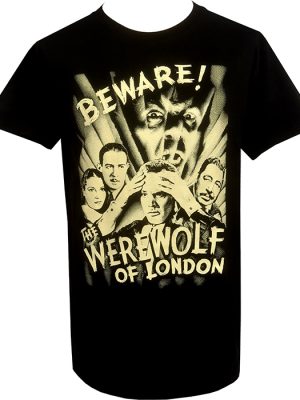 Black men’s Werewolf of London horror T-shirt featuring cream vintage movie poster artwork with a screaming werewolf face and Beware lettering.
