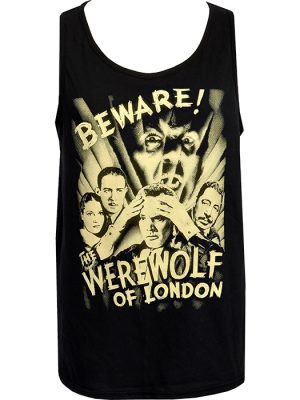 Black men’s Werewolf of London tank top featuring distressed cream vintage horror movie poster artwork with Beware lettering and classic werewolf imagery.