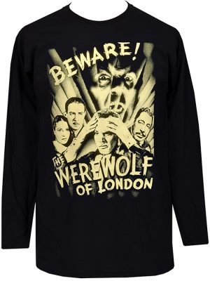 Black men’s Werewolf of London long sleeve T-shirt featuring distressed cream vintage horror movie poster artwork with Beware lettering and classic werewolf imagery.