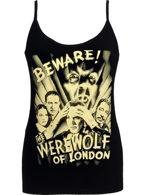 Black women’s spaghetti strap Werewolf of London tank top featuring distressed cream vintage horror poster artwork with Beware lettering and a large monster face.