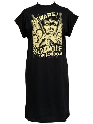 Black women’s Werewolf of London T-shirt dress featuring distressed cream vintage horror movie poster artwork with Beware lettering and classic werewolf imagery.