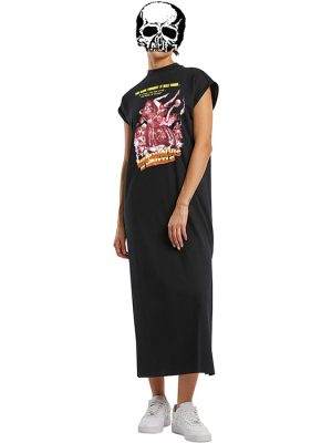 Black long T-shirt maxi dress with cap sleeves and a colourful Werewolves on Wheels B-movie horror graphic printed across the chest.