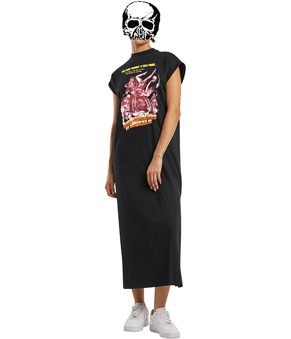 Black long T-shirt maxi dress with cap sleeves and a colourful Werewolves on Wheels B-movie horror graphic printed across the chest.