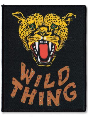 Black rectangular sew-on patch with a snarling yellow big cat head and Wild Thing text in tan lettering.