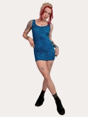 Blue leopard mini dress with fitted silhouette, bold leopard print, alternative punk styling, made in the UK