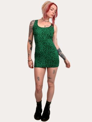Model wearing a green leopard print mini dress by Poison Clothing, fitted and sleeveless, made in the UK.