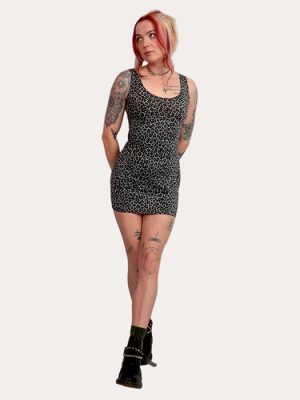 Grey leopard mini dress with fitted silhouette and all-over leopard print, styled with boots for a punk alternative look, made in the UK