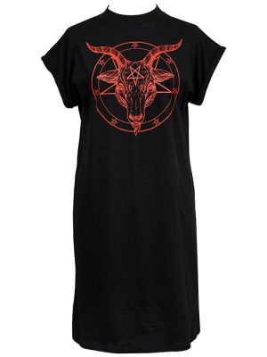 Black women’s t-shirt dress with blood red Baphomet pentagram design featuring a horned goat head in occult style.