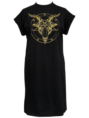 Black women’s t-shirt dress featuring a gold pentagram and Baphomet goat head design with intricate occult detailing.