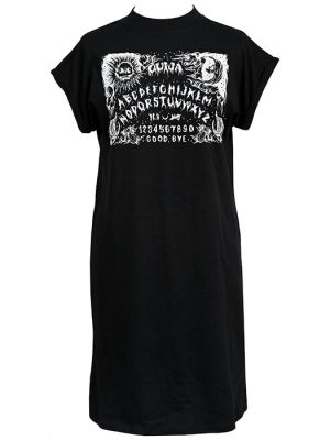 Black women’s t-shirt dress with white gothic Ouija board print featuring occult symbols, moon phases, and spirit board lettering.