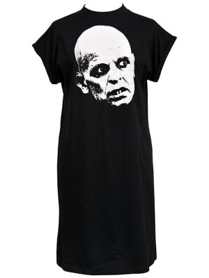 Black oversized women’s t-shirt dress with large white Nosferatu vampire face printed on the chest