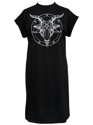 Black women’s t-shirt dress with white pentagram and detailed goat skull Baphomet design in a clean, occult style.