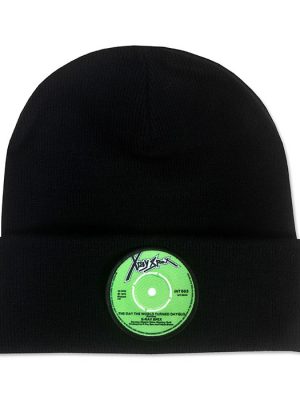 Black cuffed beanie hat featuring bright green X-Ray Spex record style logo patch on the front.
