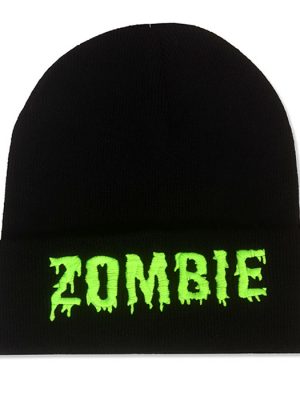 Black knit cuffed beanie hat with neon green dripping “ZOMBIE” embroidered lettering on the front.