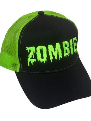 Black trucker cap with neon green dripping “ZOMBIE” embroidered lettering and bright green mesh back panel.