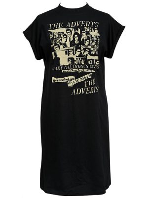 Black women's t-shirt dress featuring The Adverts’ Gary Gilmore’s Eyes collage-style punk graphic.