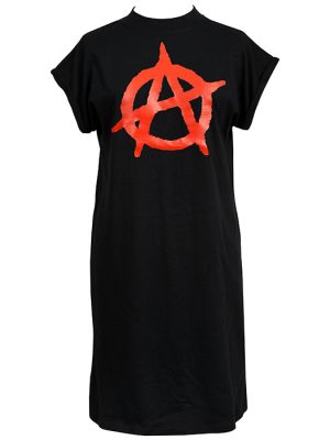 Black women’s t-shirt dress with bold red hand-drawn anarchy symbol on the front.