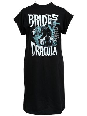 Black women’s oversized t-shirt dress with vintage-style Brides of Dracula vampire film print on the chest