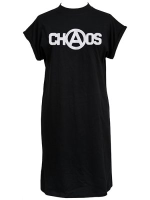 Women's black t-shirt dress with bold white Chaos anarchy logo on the front.