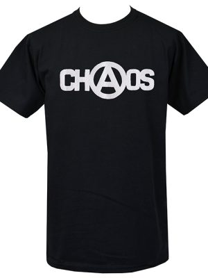 Black t-shirt with white CHAOS print featuring an anarchist "A" symbol in the centre, punk-inspired design.