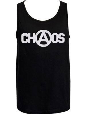 Black men's tank top with white CHAOS text and an anarchy symbol replacing the "A", displayed against a plain background.