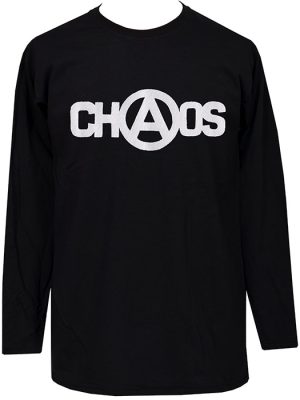 Men’s black long sleeve t-shirt with white Seditionaries-style Chaos logo featuring an anarchy symbol.