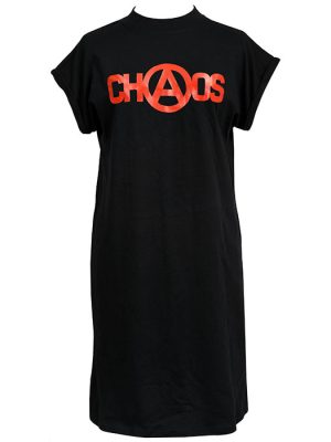 Black punk women’s t-shirt dress featuring red Seditionaries-style Chaos logo with anarchy symbol.