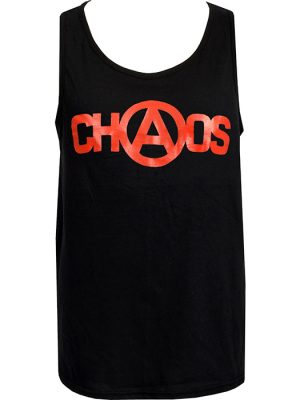 Men’s black tank top with red Seditionaries-style Chaos logo and anarchy symbol.