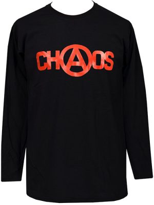 Black long sleeve T-shirt with red CHAOS and anarchy symbol print, inspired by Seditionaries punk fashion.
