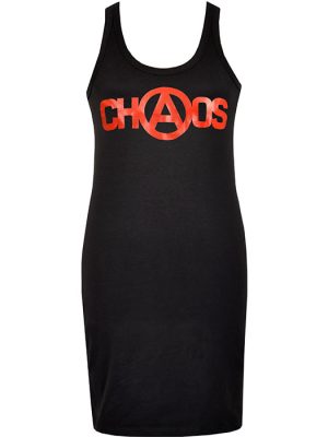 Black sleeveless women’s dress with bold red CHAOS logo featuring an anarchy symbol, inspired by Seditionaries punk fashion.