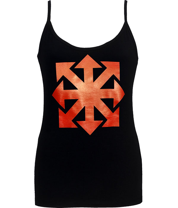 Black women’s strap tank top with red Chaos Star print inspired by chaos magick.