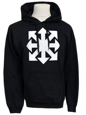 Black unisex hoodie with bold white chaos star print on front, inspired by chaos magick.