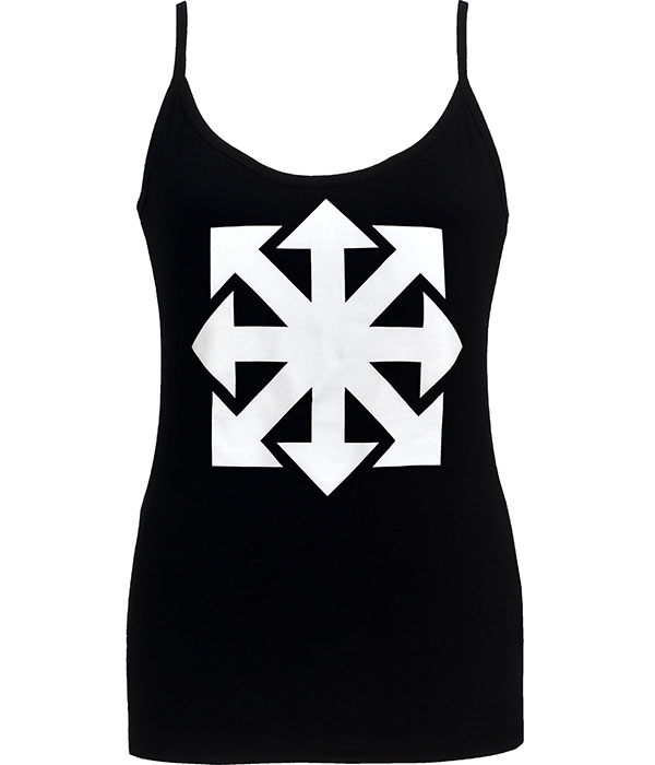 Black women’s strappy tank top with white Chaos Star design symbolizing chaos magick, punk and goth fashion.