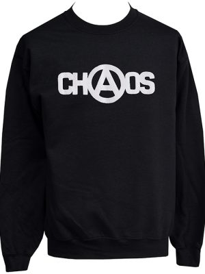 Unisex black sweatshirt with white CHAOS text and circle-A anarchy symbol on the front.