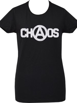 Black women’s punk t-shirt with CHAOS and anarchy symbol printed in bold white