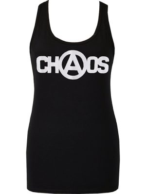 Black women's tank top with bold white Chaos anarchy logo, Seditionaries-style punk design.
