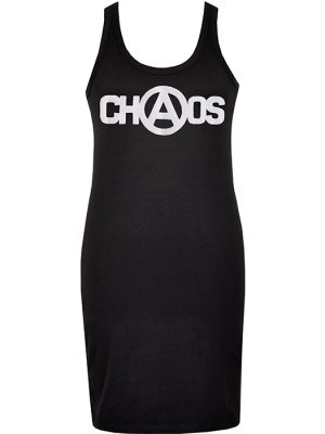 Black punk dress with bold white Chaos anarchy logo, Seditionaries-inspired design.