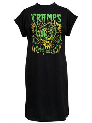 Black Cramps Gorehound t-shirt dress featuring neon green and yellow werewolf artwork by Chris Sick, inspired by punk and psychobilly fashion.