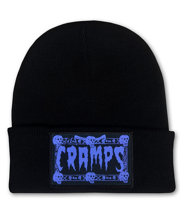 Black knitted beanie hat featuring a purple The Cramps skull patch on the front, psychobilly punk style winter cap.