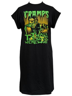 Cramps Teenage Werewolf Women’s T-Shirt Dress with green and yellow artwork by Chris Sick. Bold psychobilly punk style on black cotton.