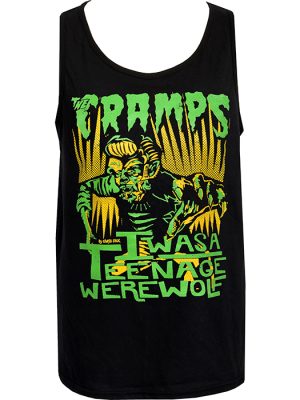 Cramps Teenage Werewolf Men’s Tank Top with green and yellow graphic by Chris Sick. Black cotton punk tank.