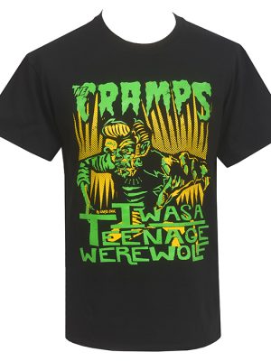 The Cramps Teenage Werewolf men's black t-shirt with green and yellow graphic artwork by Chris Sick.