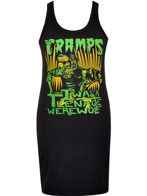 Cramps Teenage Werewolf Women's Dress with green and yellow artwork by Chris Sick. Punk rock psychobilly style on black cotton.