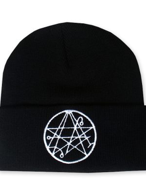 Black beanie hat with white embroidered Cthulhu sigil symbol on front cuff. Horror style.