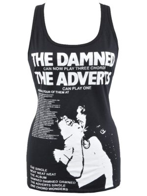 Black The Damned The Adverts women's punk tank top featuring a bold vintage UK punk flyer design in white print.