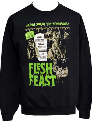Black Flesh Feast unisex horror sweatshirt featuring vintage horror movie artwork with grotesque creatures, screaming victims, and dripping green text.